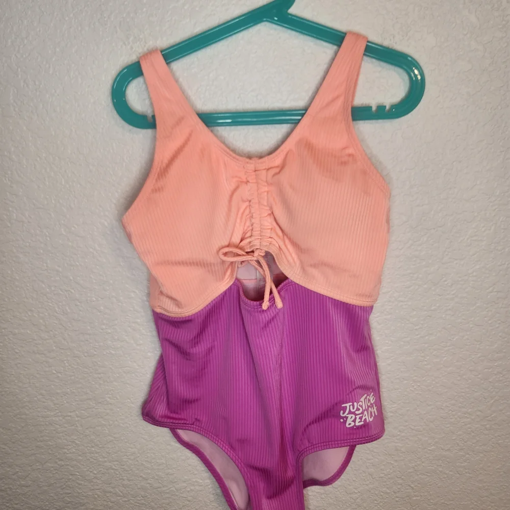 Justice Beach Two-Tone Peach and Purple One-Piece Swimsuit youth L 12 14